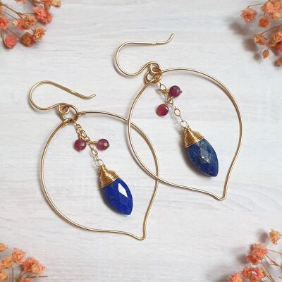 14K gold leaf earrings adorned with Lapis Lazuli and Tourmaline