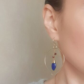 14K gold leaf earrings adorned with Lapis Lazuli and Tourmaline 3