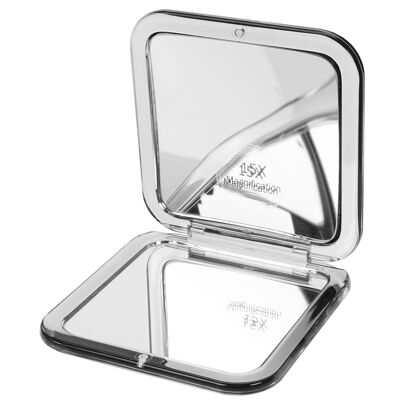 Specchio tascabile in acrilico/argento con ingrandimento 15x e 1x
