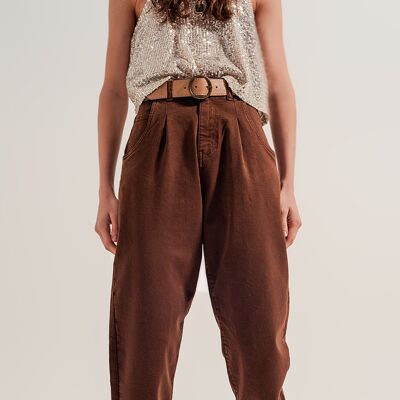 High rise mom jeans with pleat front in brown