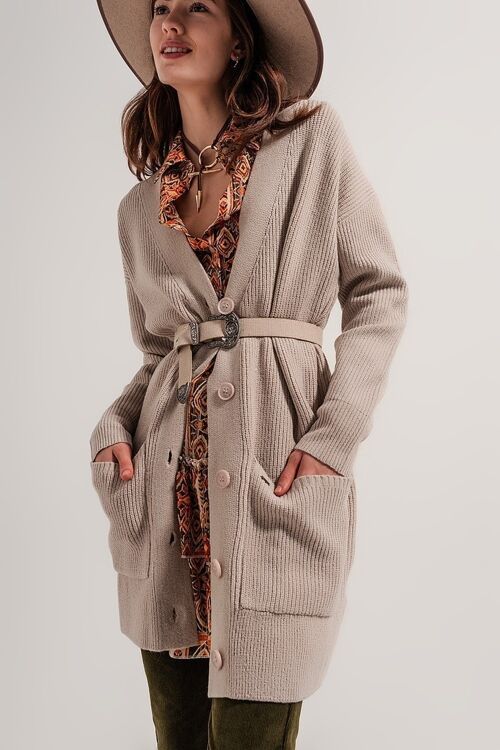 Longline soft knit cardigan in beige with pockets