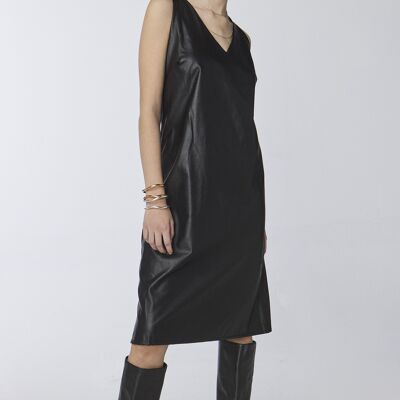 VERONA Faux Leather  Knee-length Dress With V-neck in Black