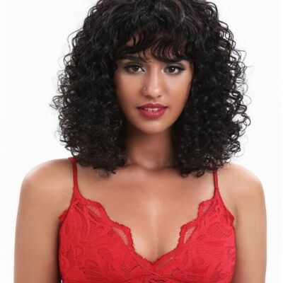 100% virgin human hair shoulder length curly with natural curly fringe wig - colour 1b