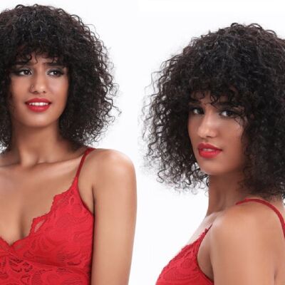 100% virgin human hair beautiful springy curls with curly fringe wig - colour 1b