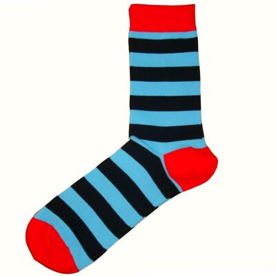 Gestreifte Socken mit Absatz und Zehen Blau.Schwarz und Rot