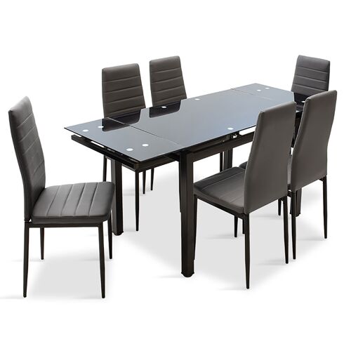Dining table extendable Finn-Parker pakoworld 7pcs glass with dark grey pu 110-170x70x75cm