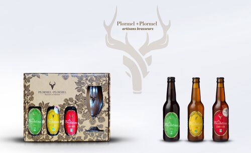 Coffret cadeau de dégustation de bière bio la barbotine ipa blonde ambrée 3x33cl + 1 verre a pied