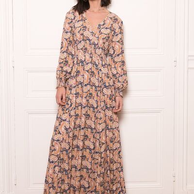 Long dress with bohemian print, buttoned invisible pockets with gold effect