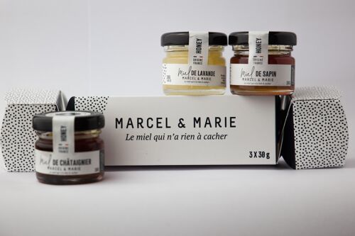 Trio Cadeau (découverte de trois petits pots de 30g de miels français) idéal pour coffret Noël