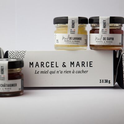 Trío de regalo (descubrimiento de tres pequeños botes de miel francesa de 30 g) ideal para una caja navideña