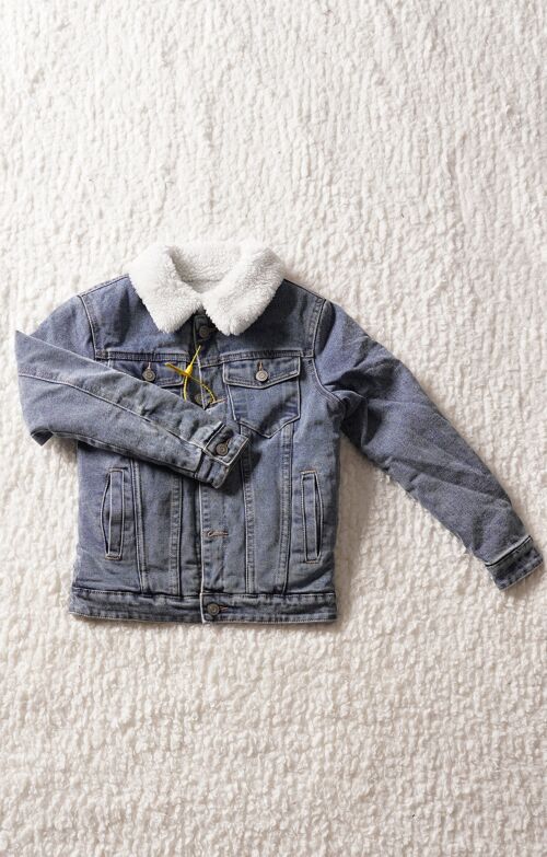 veste jean col mouton bleu clair