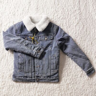 light blue denim jacket with sheepskin collar