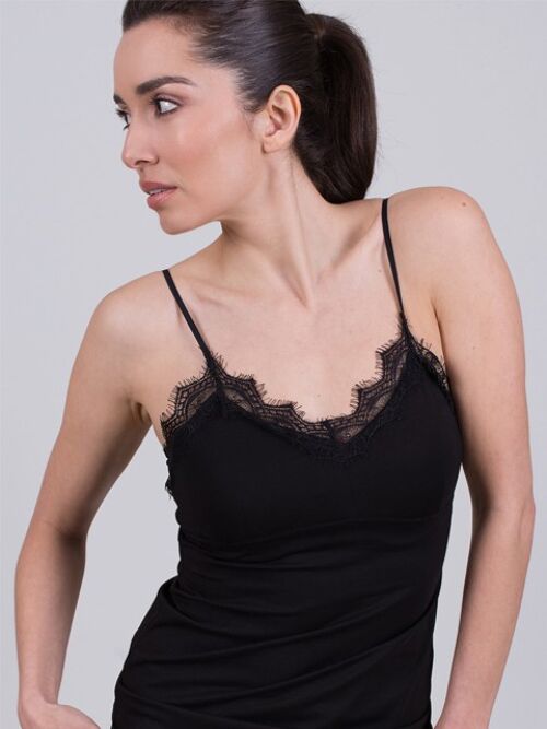 Women's singlet black cotton round neck with lace - LOS ANGELES