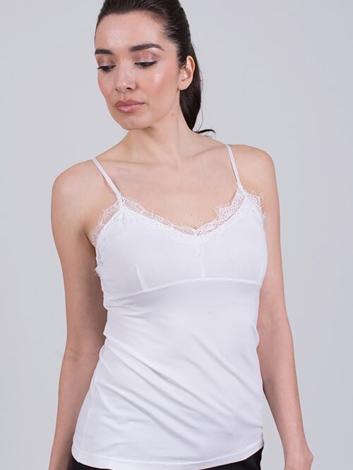 Women's singlet white cotton round neck with lace - LOS ANGELES