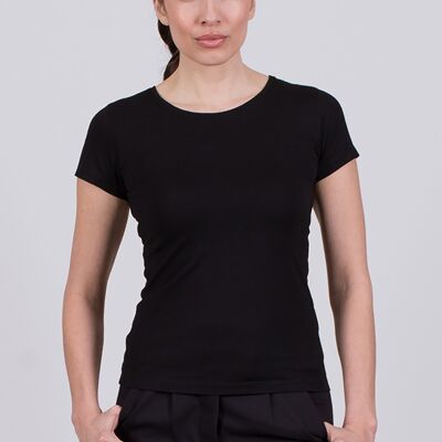 Damen-T-Shirt aus schwarzer Baumwolle mit kurzen Ärmeln und Rundhalsausschnitt – DALLAS