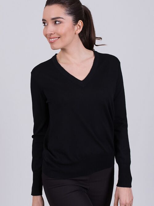 Women's sweater black merino long sleeve with v neck - PARIS