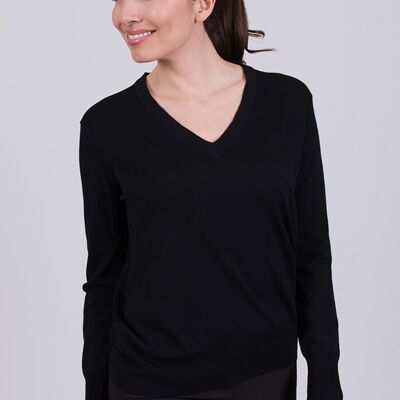 Women's sweater black merino long sleeve with v neck - PARIS