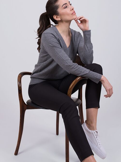 Women's sweater gray merino merino long sleeve v-neck - PARIS
