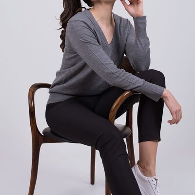 Women's sweater gray merino merino long sleeve v-neck - PARIS