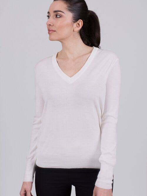 Women's off-white merino long-sleeved v-neck sweater - PARIS