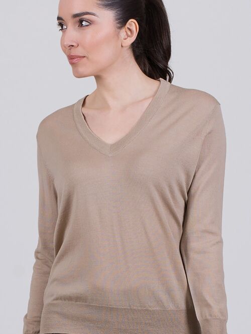 Women's sweater sand-colored merino long-sleeved v-neck - PARIS