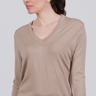 Women's sweater sand-colored merino long-sleeved v-neck - PARIS
