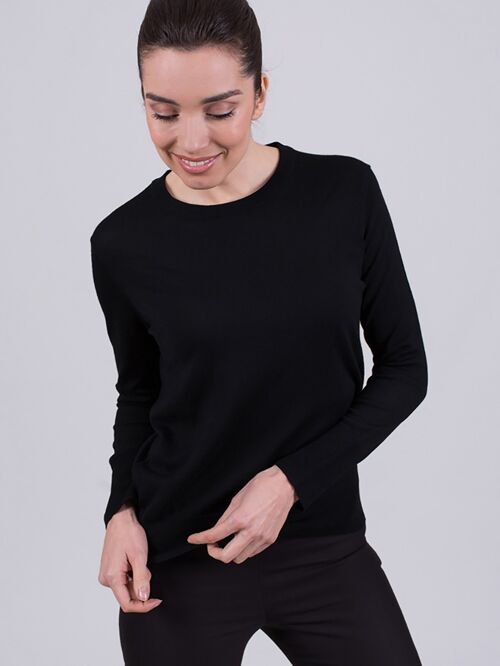 Women's sweater black merino long sleeve with round neck- BARCELONA