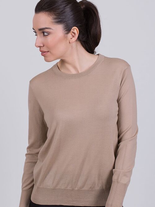 Women's sweater sand-colored merino long-sleeve with round neck- BARCELONA