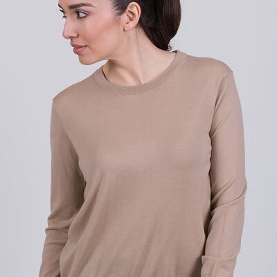 Pull femme couleur sable en mérinos à manches longues et col rond - BARCELONA