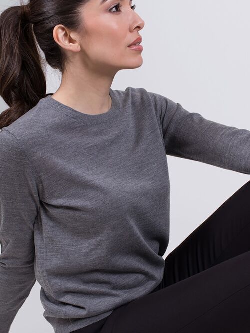 Women's sweater gray merino merino long sleeve with round neck- BARCELONA
