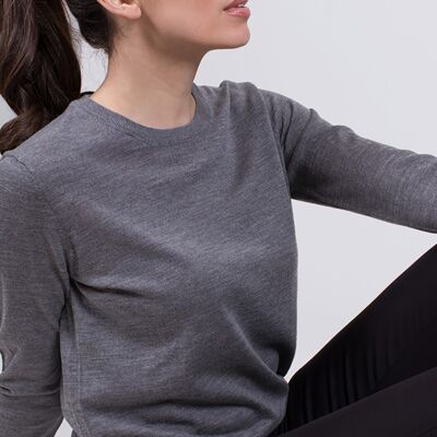 Women's sweater gray merino merino long sleeve with round neck- BARCELONA