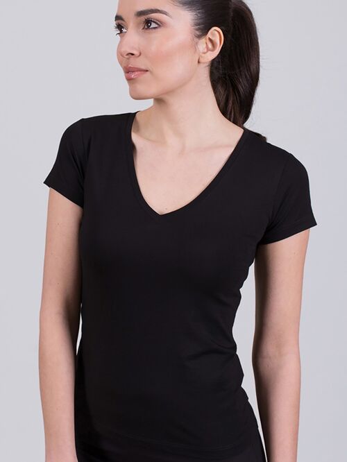Women's t-shirt black cotton v neck short sleeve - HOUSTON
