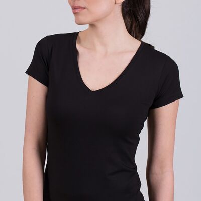 Camiseta mujer algodón negra cuello pico manga corta - HOUSTON