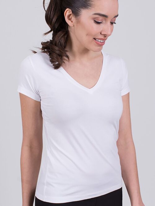 Women's t-shirt white cotton v neck short sleeve- HOUSTON