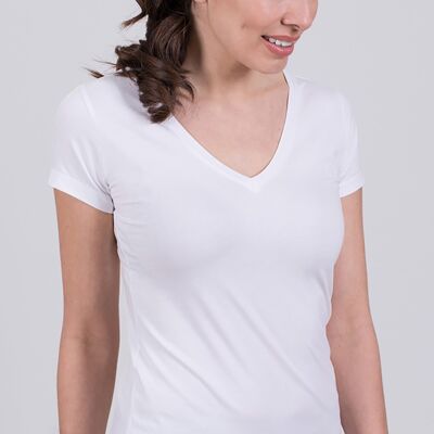 T-shirt da donna in cotone bianco scollo a V manica corta - HOUSTON