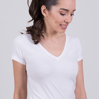 Camiseta mujer algodón blanca cuello pico manga corta- HOUSTON