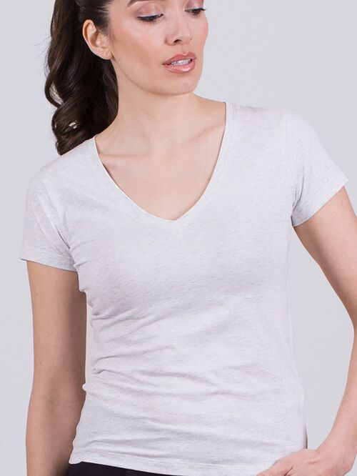 Women's T-Shirt Gray Melange Cotton V Neck Short Sleeves - HOUSTON