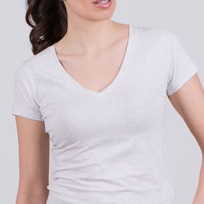 Camiseta Mujer Gris Melange Algodón Cuello Pico Manga Corta - HOUSTON