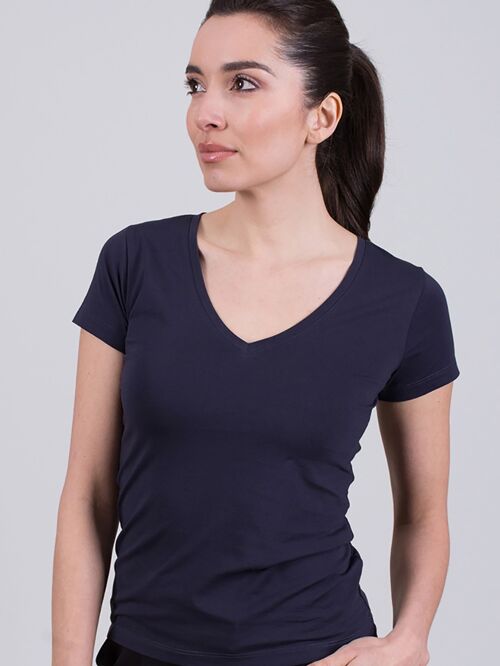 Ladies t shirt dark blue cotton v neck short sleeve- HOUSTON
