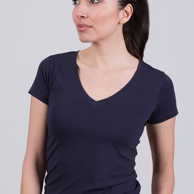 Ladies t-shirt dark blue cotton v neck short sleeve - HOUSTON