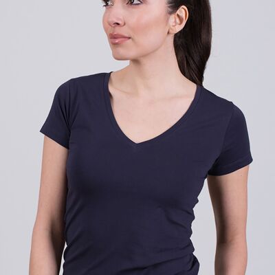 T-shirt femme bleu foncé coton col v manches courtes - HOUSTON