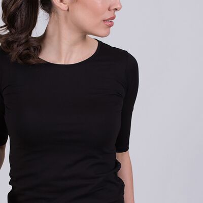 Damen-T-Shirt aus schwarzer Bio-Baumwolle mit Rundhalsausschnitt und halben Ärmeln – ATLANTA