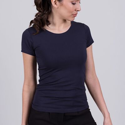 T-shirt da donna in cotone blu scuro a maniche corte con scollo tondo - DALLAS