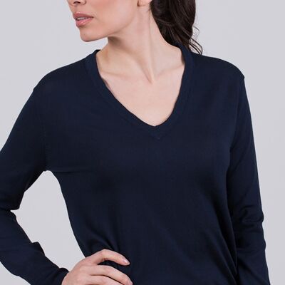 Women's sweater dark blue merino long sleeve with V neck - PARIS
