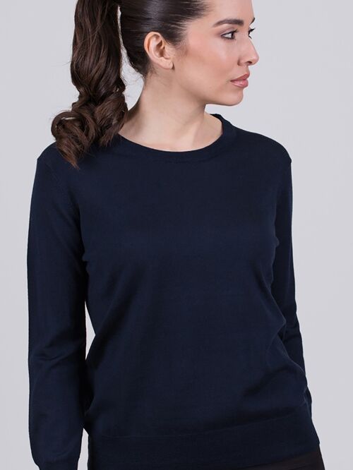Women's sweater dark blue merino long-sleeve with round neck - BARCELONA