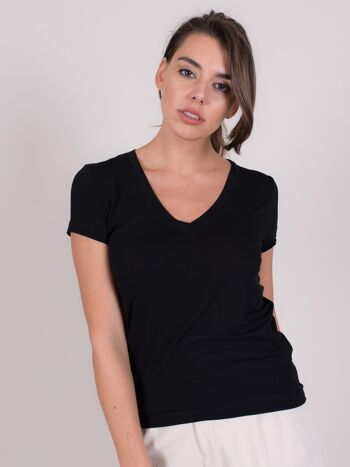 T-shirt femme noir en viscose manches courtes col V - BERLIN 1