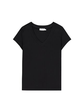 T-shirt femme noir en viscose manches courtes col V - BERLIN 2