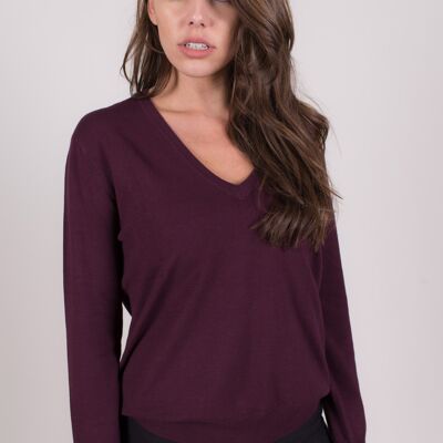 Maglia da donna in viscosa bordeaux scollo a V maniche lunghe - New York