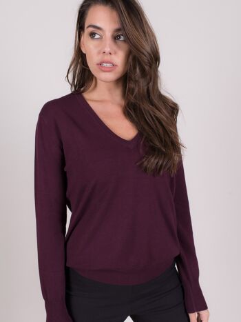 Pull femme bordeaux viscose col V manches longues - New York 1