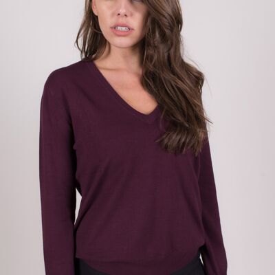 Pull femme bordeaux viscose col V manches longues - New York